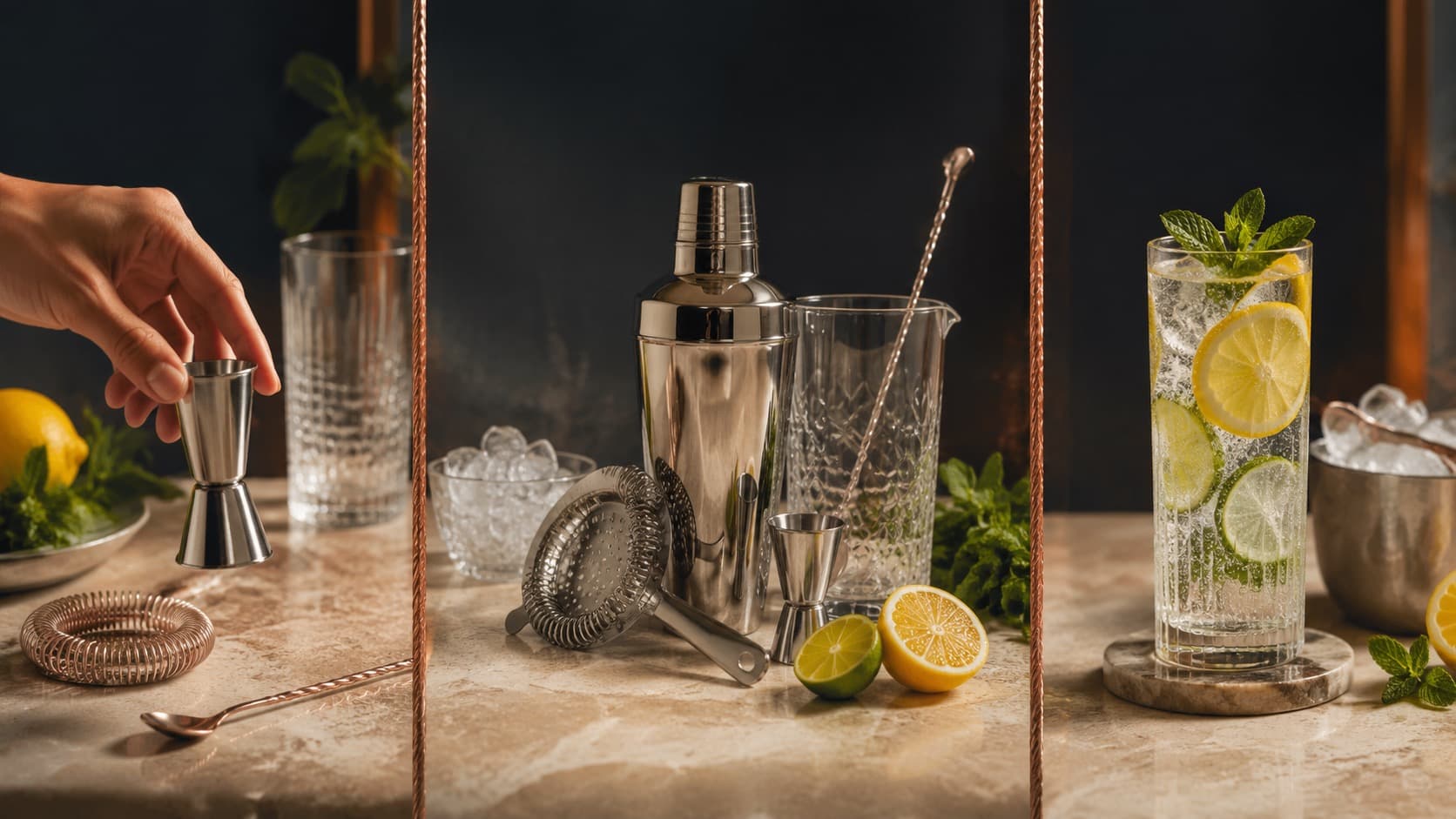 Three-stage home bar ritual from choosing tools to serving a citrus mocktail