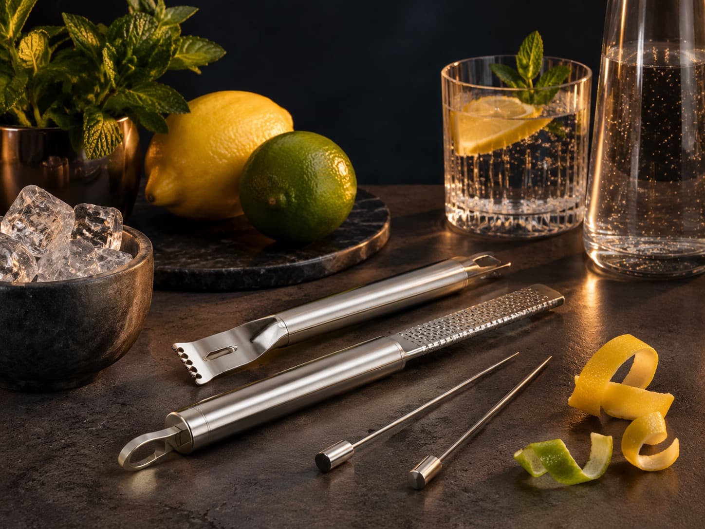 Citrus Peeler & Zester Kit arranged on a dark stone surface
