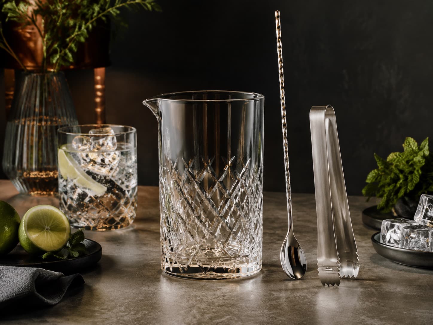 Mixing Glass & Stirring Set arranged on a dark stone surface