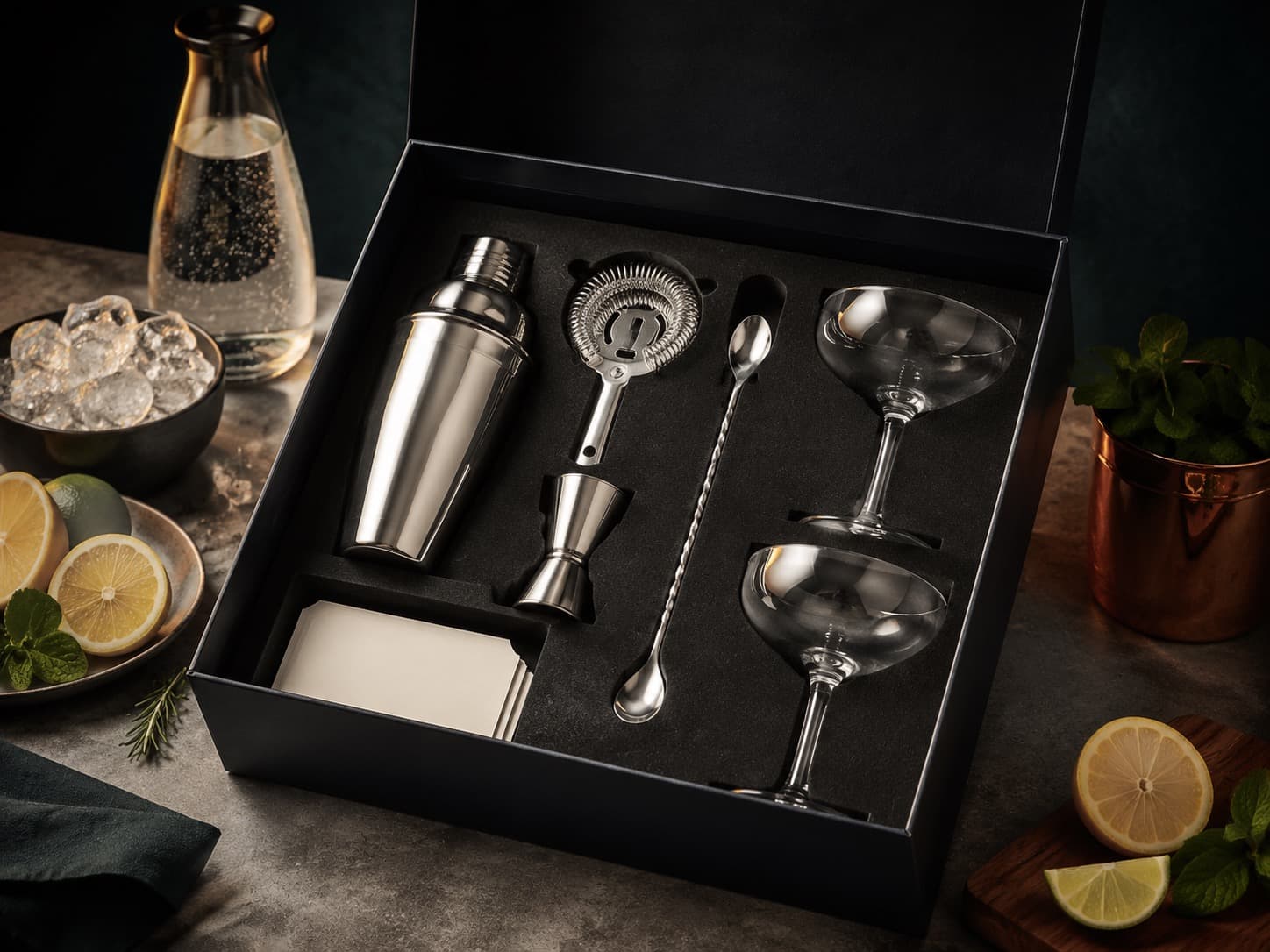 Mixology Starter Gift Box arranged on a dark stone surface