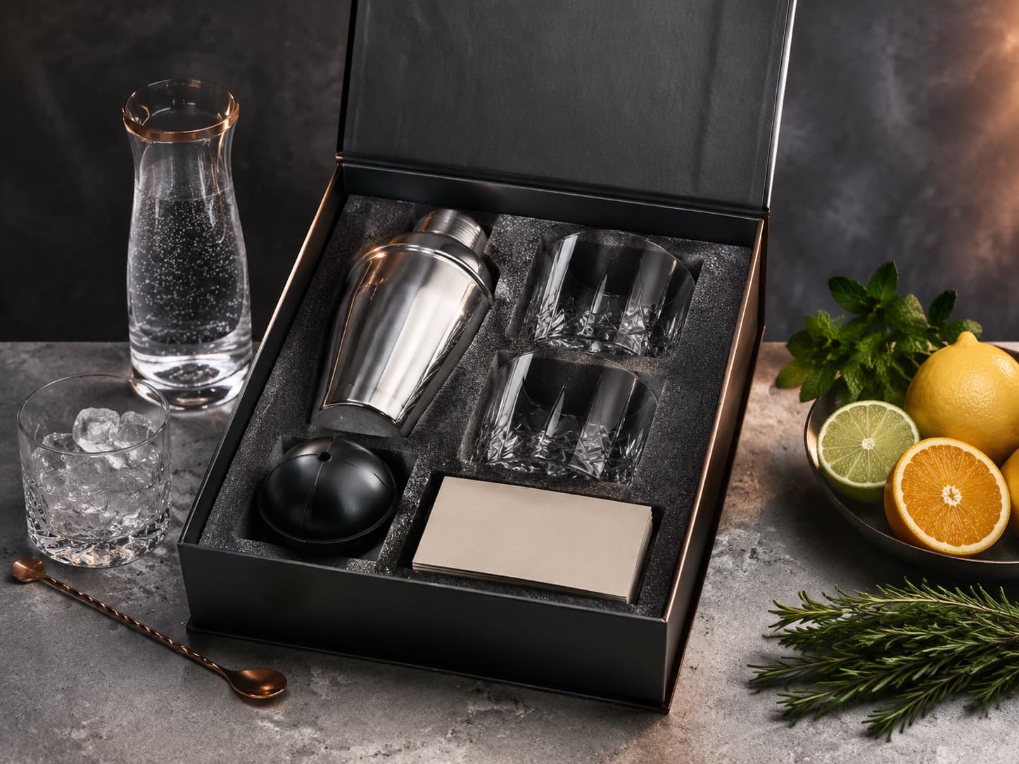 Mocktail Ritual Box arranged on a dark stone surface