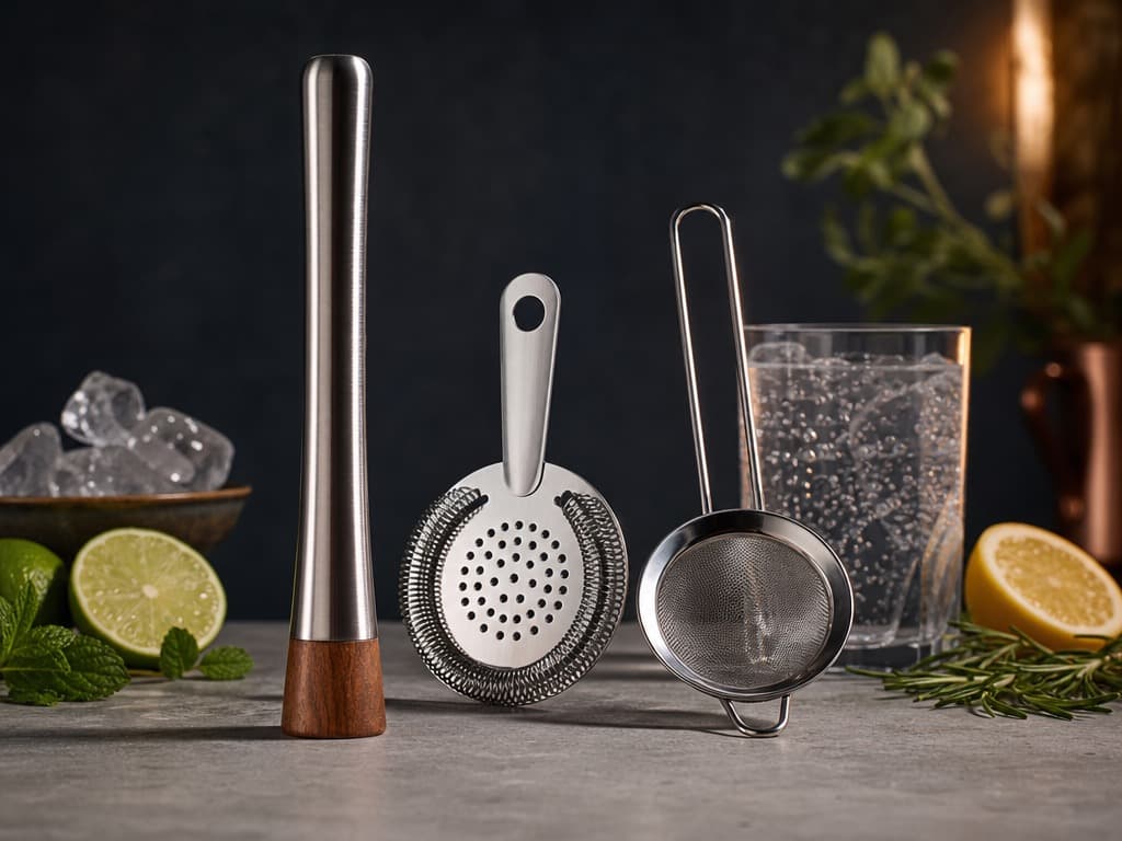 Muddler & Strainer Kit arranged on a dark stone surface