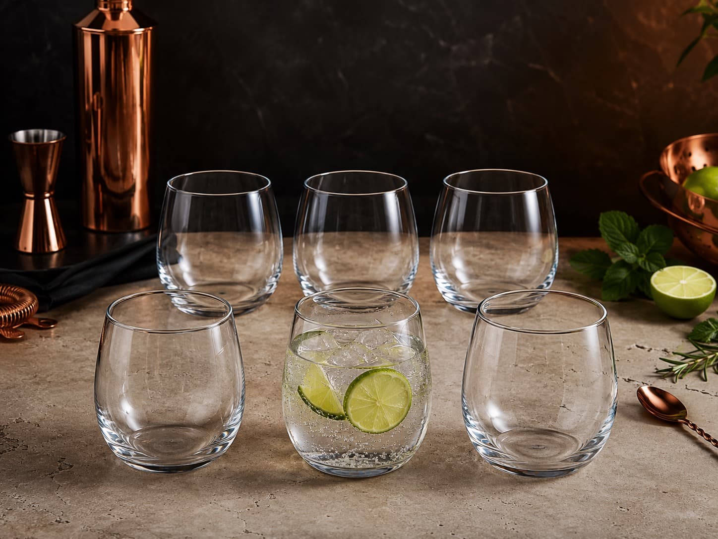 Stemless Tumbler Set of 6 arranged on a dark stone surface