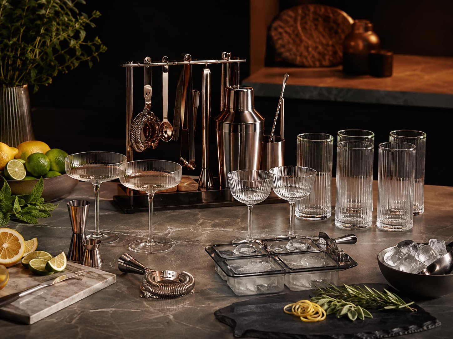 Ultimate Home Bar System arranged on a dark stone surface